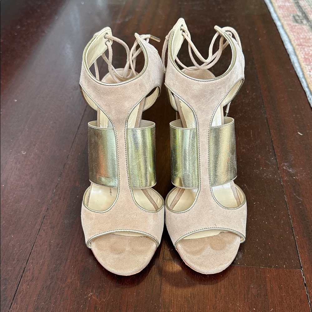 LIGHTLY WORN Jimmy Choo Moira Tan Suede Sandals with Metallic Gold Leather Trim